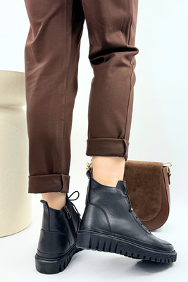 Trzewiki skórzane damskie za kostkę ocieplane czarne