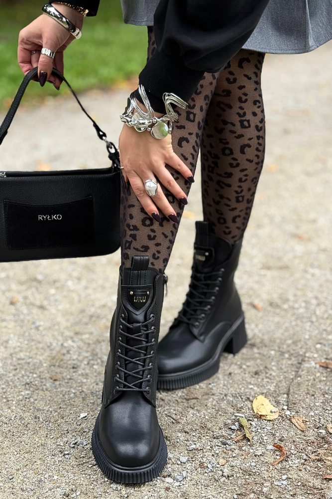 Czarne botki skórzane ocieplane sznurowane z zamkiem