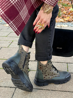 Trzewiki botki damskie skórzane na platformie ocieplane zielone