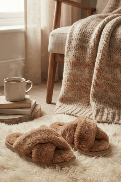 Ciepłe kapcie damskie futerkowe na krzyż w kolorze camel