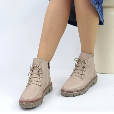 Trzewiki skórzane na niskiej platformie ciemno beżowe sznurowane