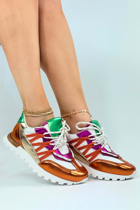 Skórzane kolorowe sneakersy biało pomarańczowe sznurowane Artiker