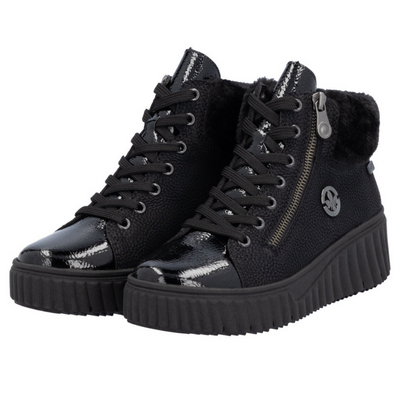 Botki czarne na koturnie z platformą sznurowane Rieker