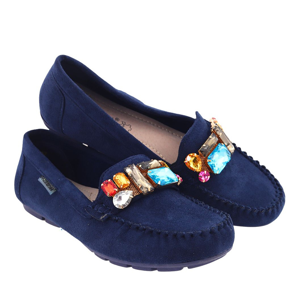 Mokasyny granatowe zamszowe z kryształami Vinceza