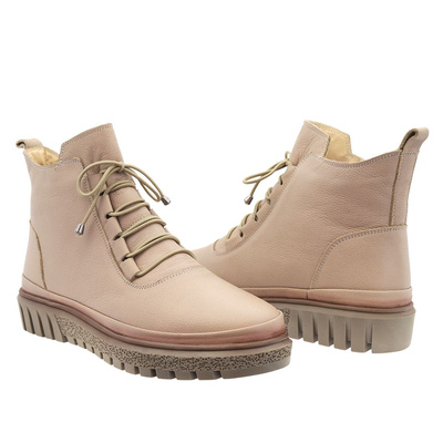 Trzewiki skórzane na niskiej platformie ciemno beżowe sznurowane