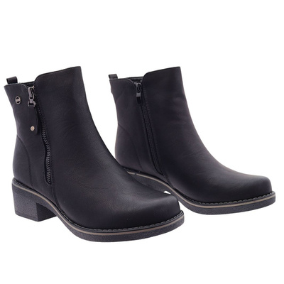 Botki skórzane czarne na obcasie z ozdobnym zamkiem