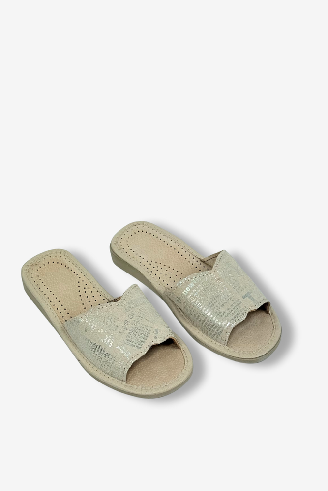 Pantofle skórzane złote na klinie