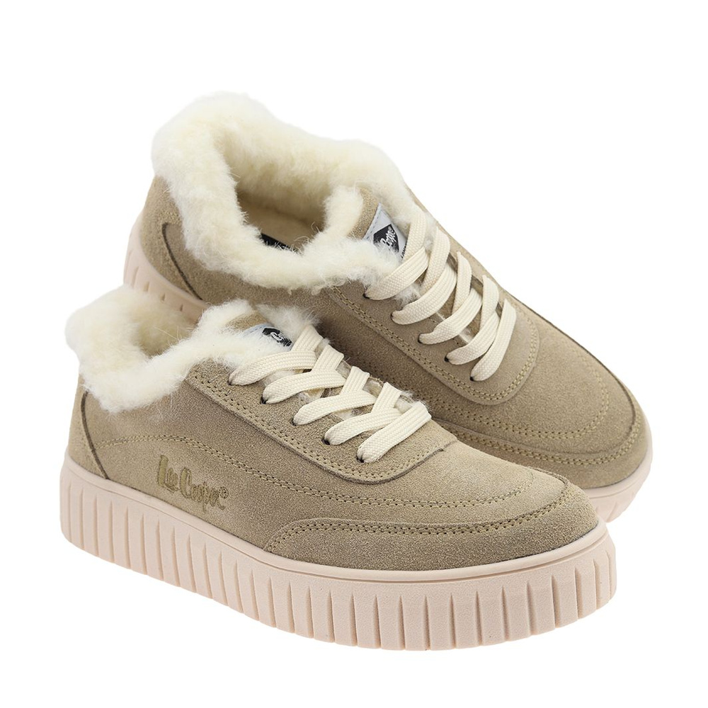 Бежеві шкіряні зимові кросівки на шнурівці