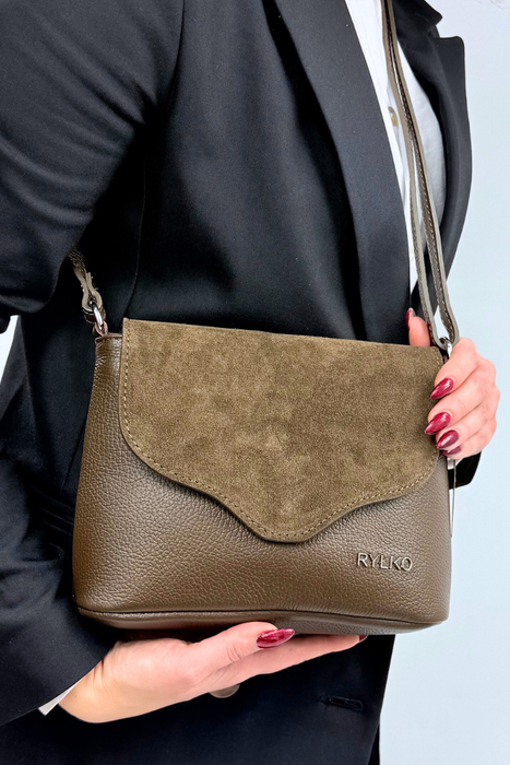 Torebka damska skórzana z klapą na pasku oliwkowo brązowa