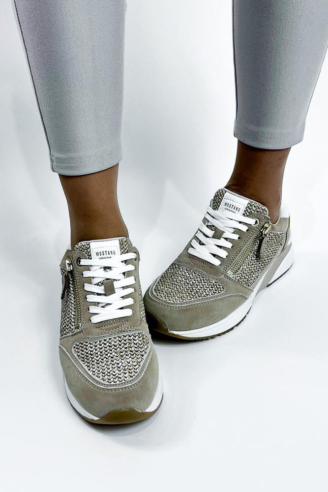 Sneakersy damskie zamszowe beżowe sznurowane z zamkiem