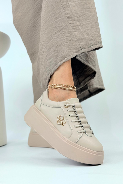 Skórzane sneakersy beżowe na masywnej platformie Filippo