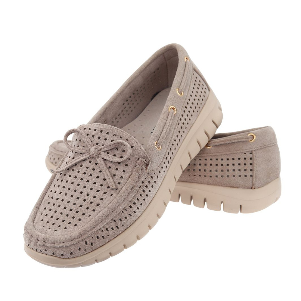 Półbuty skórzane ażurowe beżowe z kokardką Vinceza