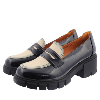 Mokasyny damskie lakierowane czarne na platformie