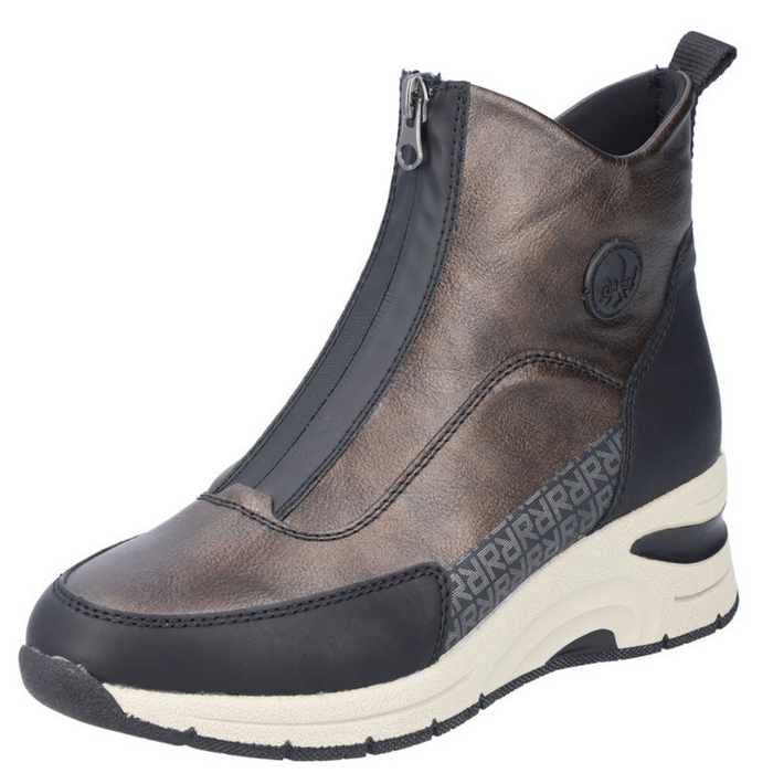 Коричнево-чорні ботильйони на танкетці із застібкою спереду, Rieker