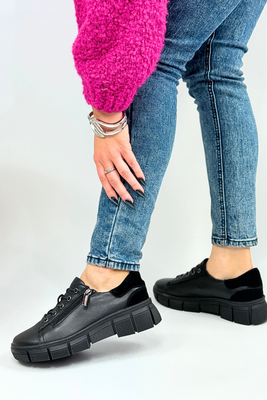 Półbuty skórzane czarne sznurowane z zamkiem na platformie 