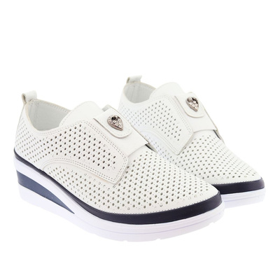 Półbuty skórzane biało granatowe wsuwane perforowane
