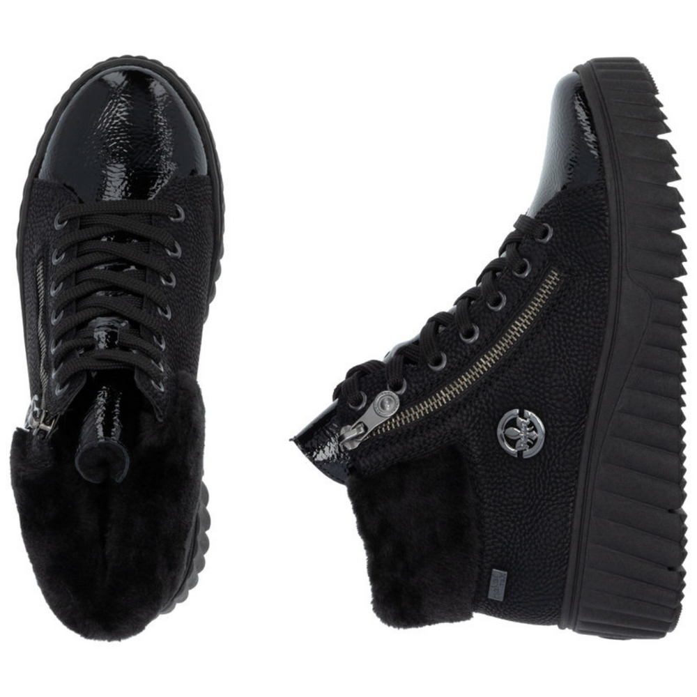 Botki czarne na koturnie z platformą sznurowane Rieker