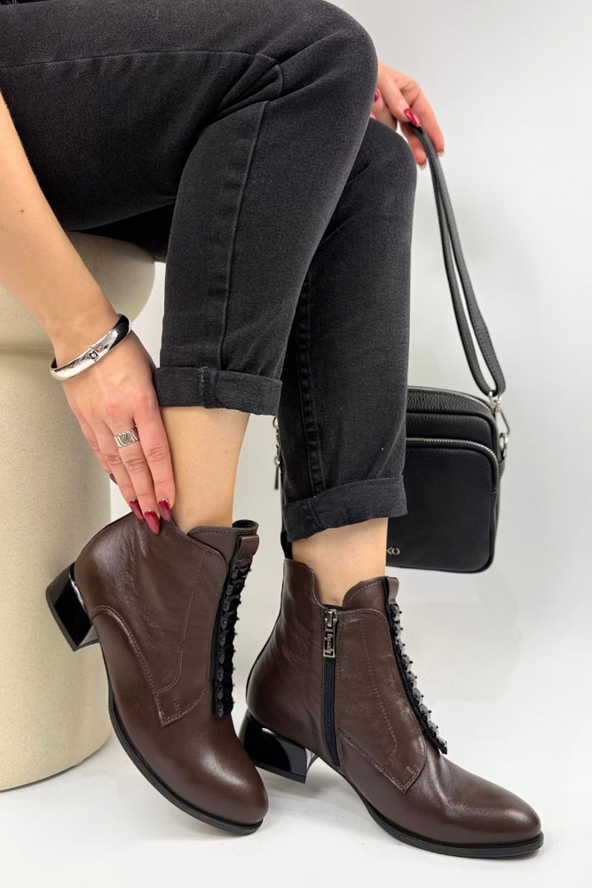 Botki damskie skórzane na klocku czekoladowe