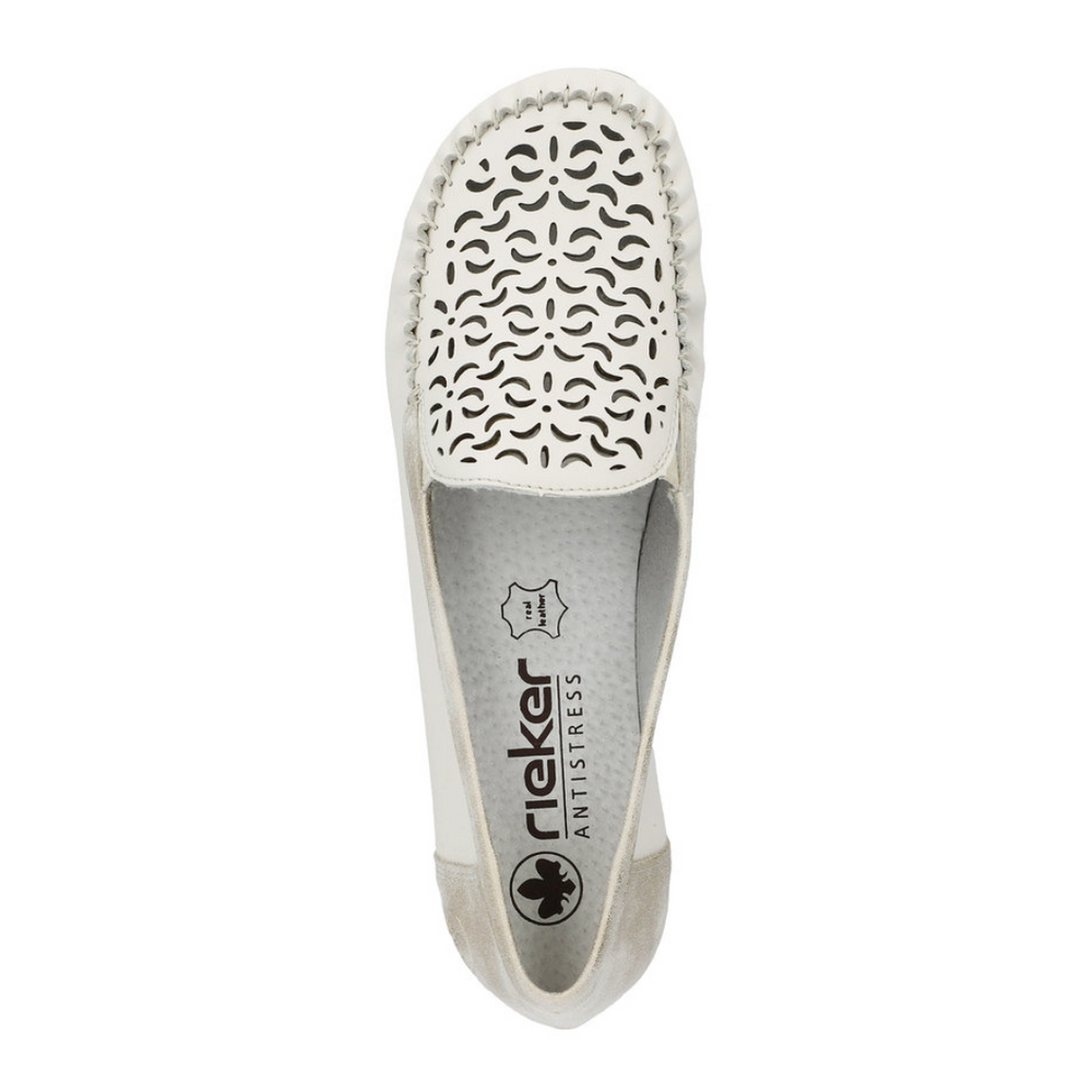 Бежево-білі шкіряні мокасини Rieker з ажурним верхом