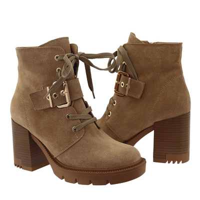 Botki skórzane beżowe na słupku Gamis