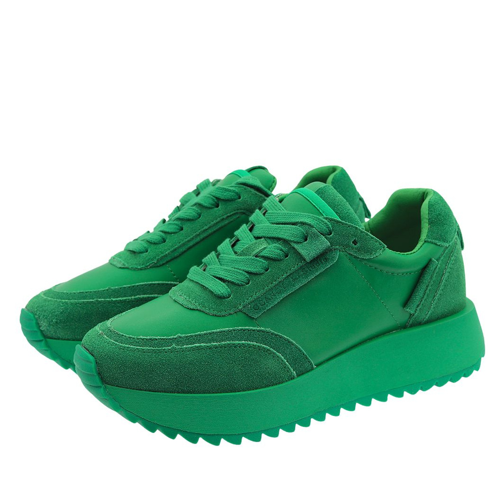 Sneakersy skórzane zamszowe na platformie w kolorze zielonym