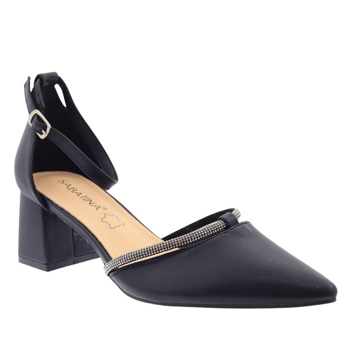 Czarne czółenka damskie na klocku ozdobione cyrkoniami