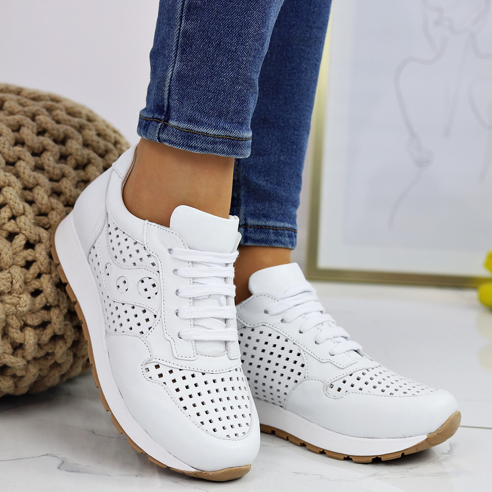 Modne skórzane sneakersy damskie białe Venezia