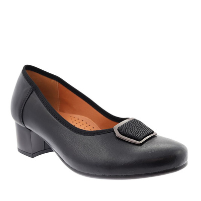 Skórzane czółenka czarne na klocku z ozdobą