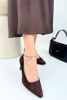 Szpilki damskie skórzane na niskiej szpilce brązowe