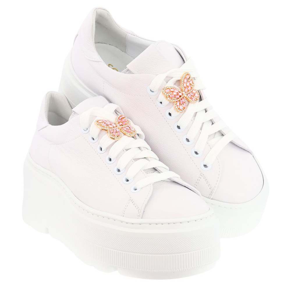 Sneakersy skórzane białe z motylkiem na sznurówkach Nobo