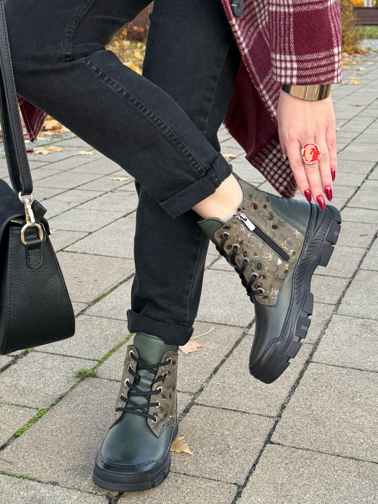 Trzewiki botki damskie skórzane na platformie ocieplane zielone