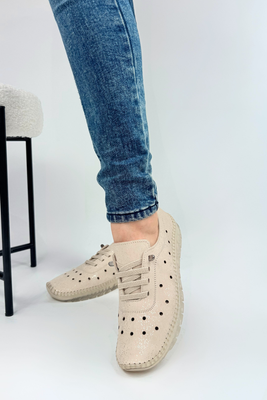 Beżowe półbuty skórzane ażurowe płaskie 