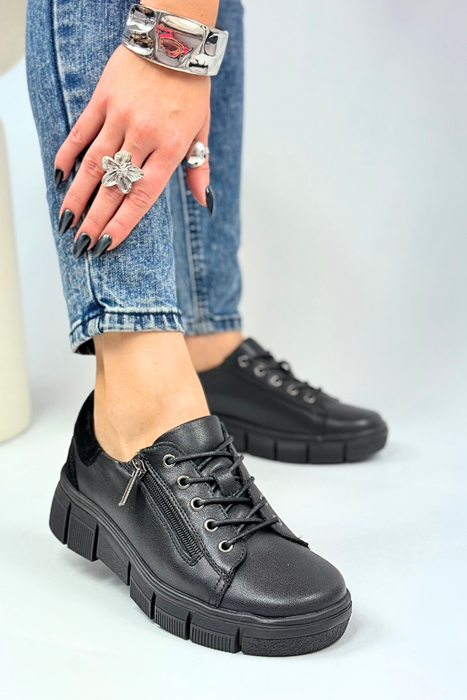 Półbuty skórzane czarne sznurowane z zamkiem na platformie