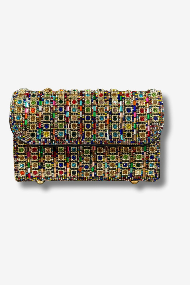 Torebka damska wizytowa w kolorowe cyrkonie na łańcuszku