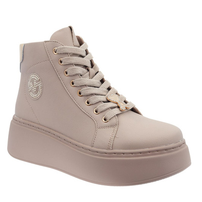 Beżowe skórzane botki na platformie sznurowane z zamkiem