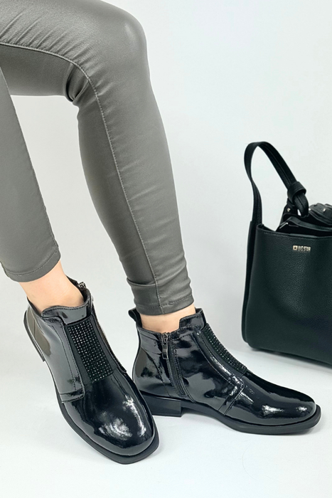 Botki skórzane czarne lakierowane na niskim obcasie Filippo