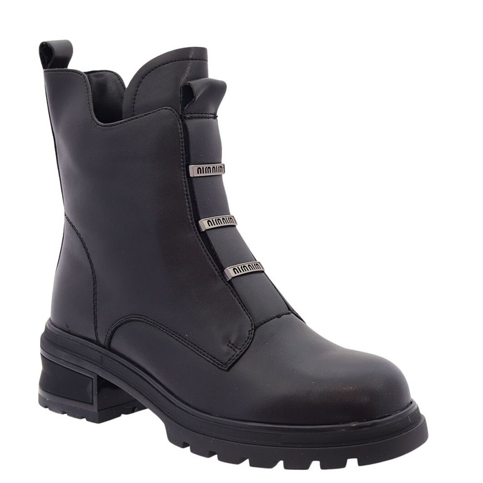 Botki wysokie skórzane ocieplane na niskim klocku czarne na zamek