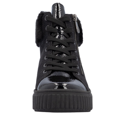 Botki czarne na koturnie z platformą sznurowane Rieker