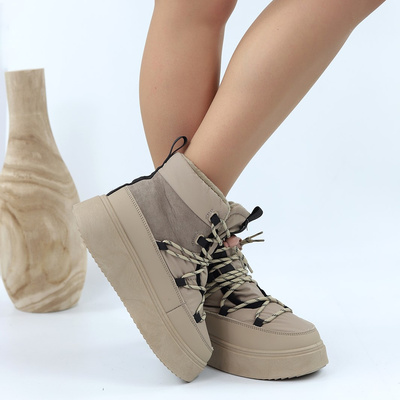 Botki zimowe na grubej platformie sznurowane w kolorze beżowym