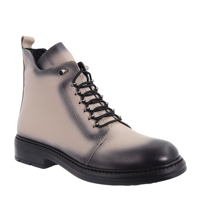 Сірі шкіряні ботильйони на плоскому ходу на шнурівці