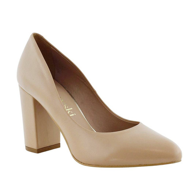 Kobiece czółenka karmelowe skórzane na słupku Kaniowski