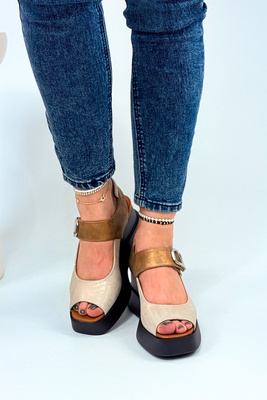 Złote sandały na koturnie z ekoskóry na rzep