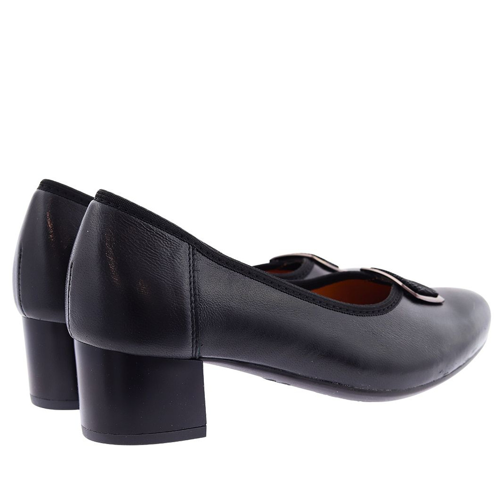 Skórzane czółenka czarne na klocku z ozdobą