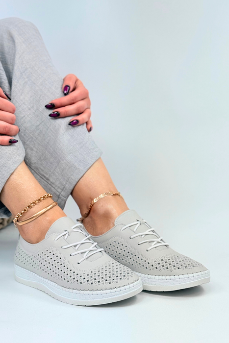 Szare skórzane półbuty ażurowe sznurowane