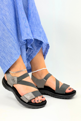 RIKA チャコールグレーXS Szare sandały damskie na rzep z ekoskóry Rieker | ButyMila.pl