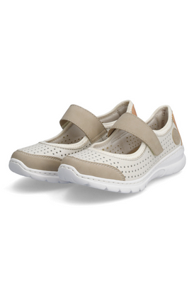 Półbuty damskie na rzep biało beżowe perforowane Rieker