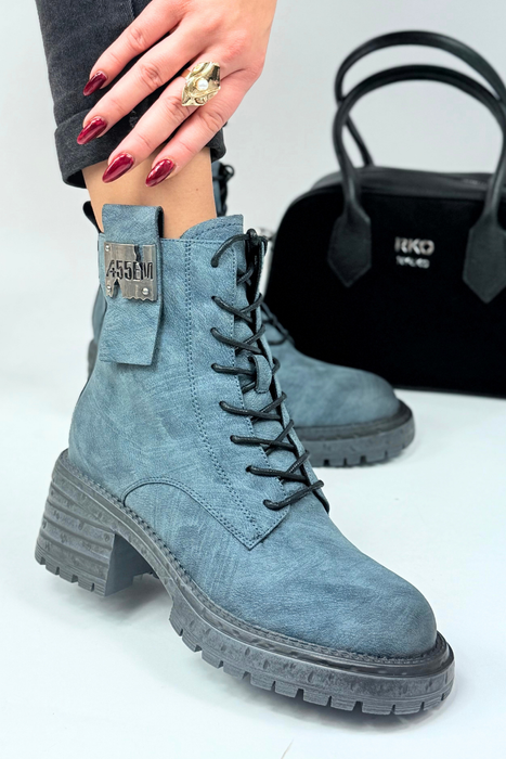 Botki damskie skórzane za kostkę na klocku niebieskie