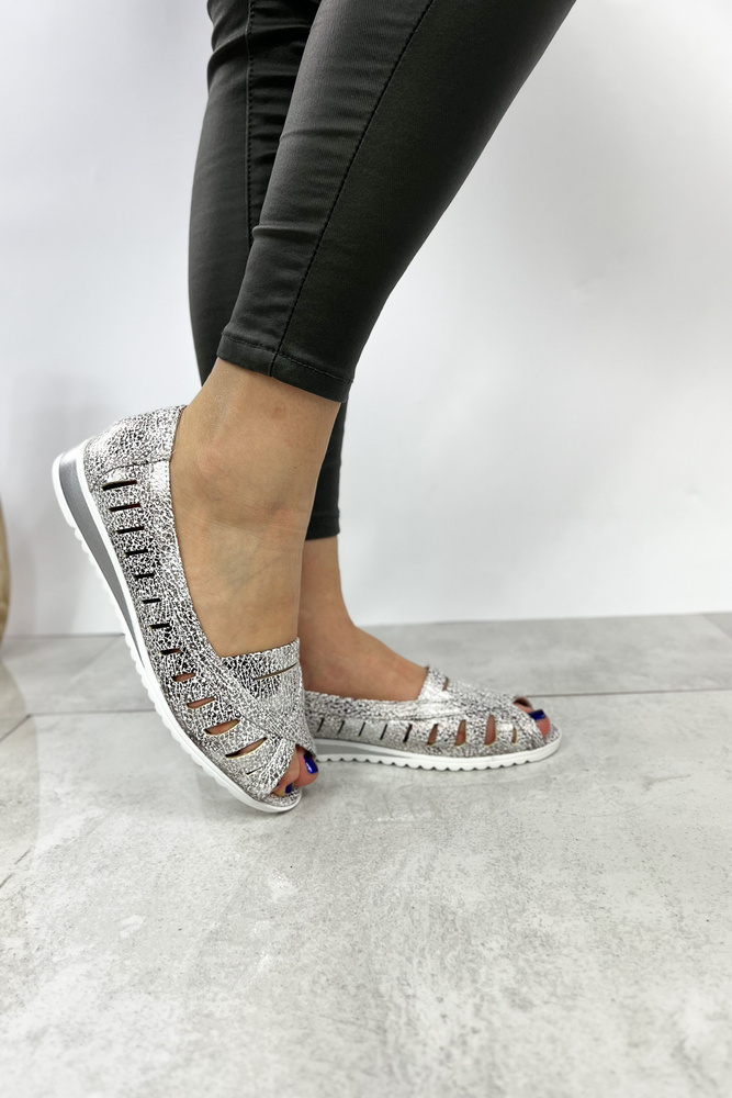 Baleriny ażurowe srebrne z odkrytym palcem