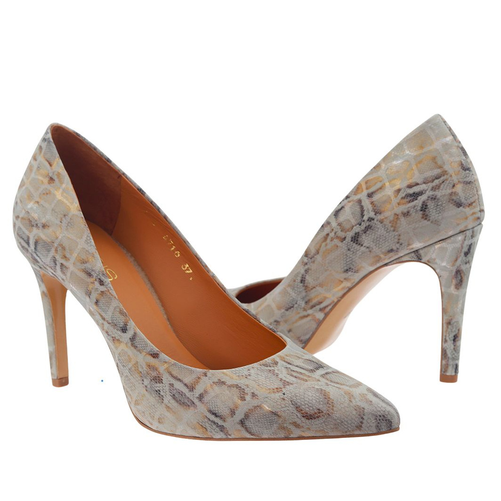 Сірі шкіряні туфлі на високих підборах із зображенням змії Аніс