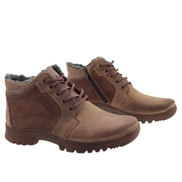 Trzewiki zimowe męskie skórzane brązowe sznurowane z zamkiem